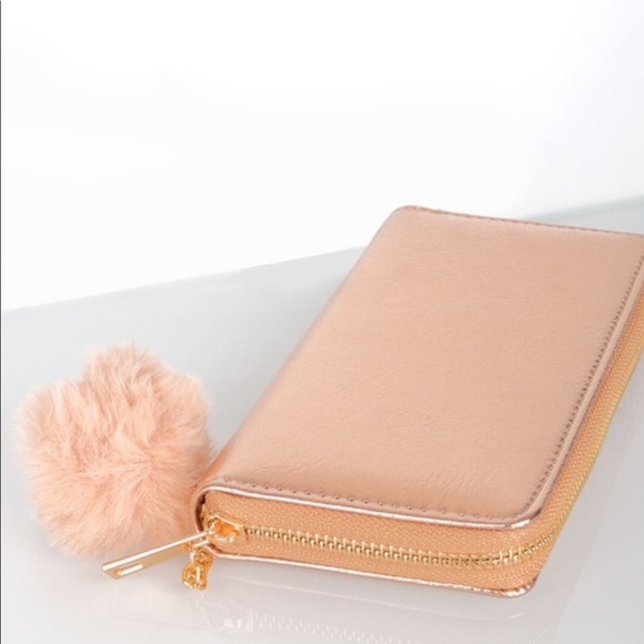 Elle Metallic Rose Gold Zipper Wallet w/ Pom Pom - Picture 2 of 6